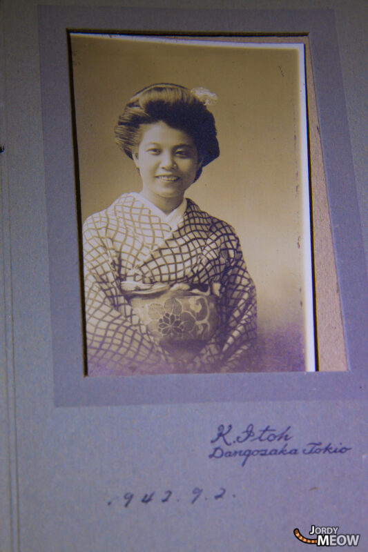 Vintage portrait of woman in kimono at abandoned Royal House in Kanto.