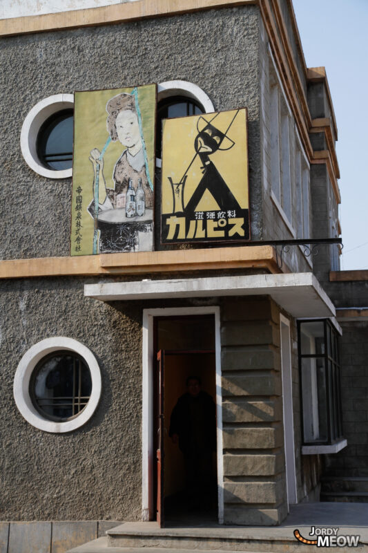 Unique North Korean building with poster and symbolic silhouette reflecting cultural and political landscape.