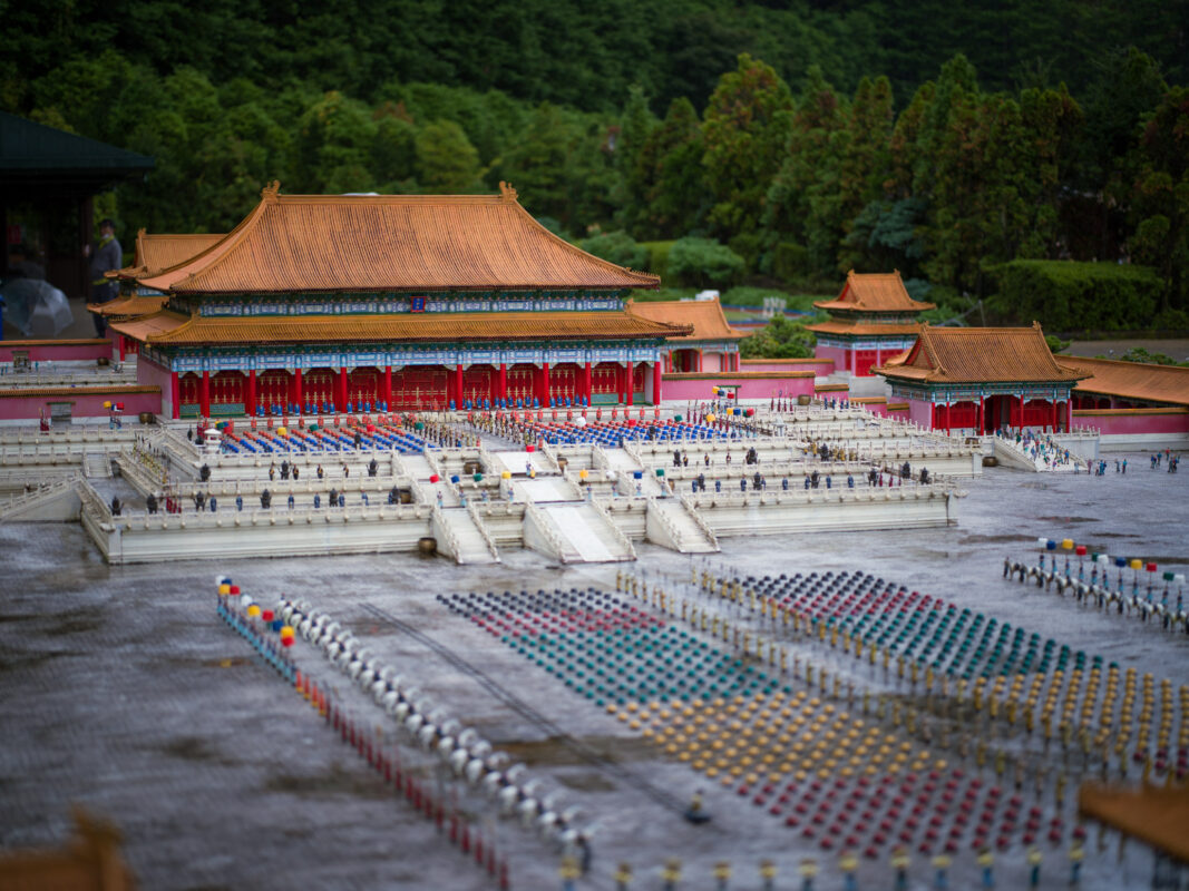 Vibrant Umbrella Plaza at Ornate Chinese Palace Complex