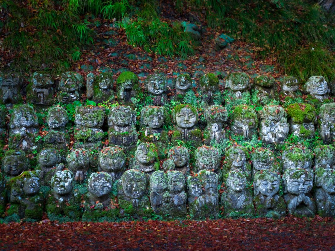 Moss-covered Buddhist stone statues at Otagi Nenbutsu-ji temple in Kyoto, Japan