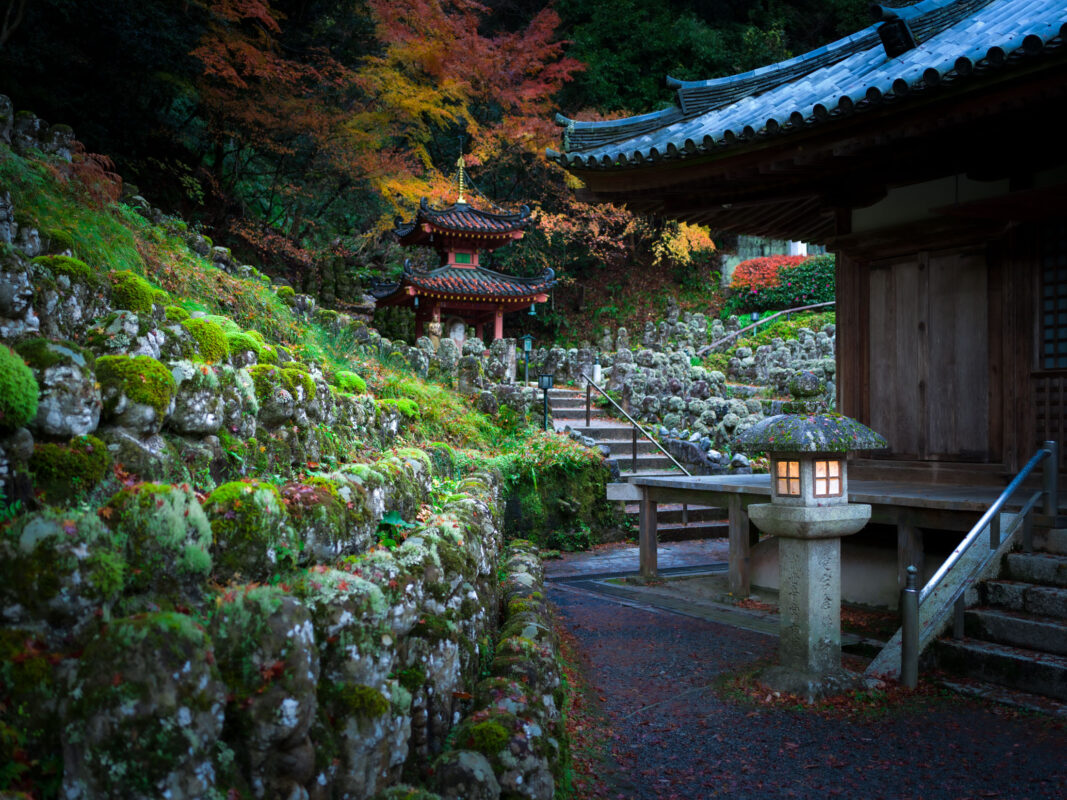 Mossy stone statues along Otagi Nenbutsu-ji Temple path in Kyoto autumn forest.